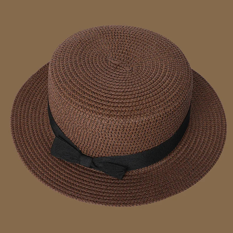 Spring and Summer New Straw Knitted Bow Straw Hat Korean  Fashion and Leisure Foldable Beach Flat Top Short Eaf Straw Hat