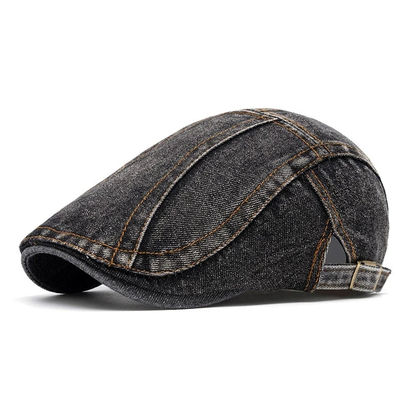 Four Seasons Retro Beret for Men and Women British Fashion Eight-Character Stitching Washed Denim Peaked Cap Forward Hat Trendy