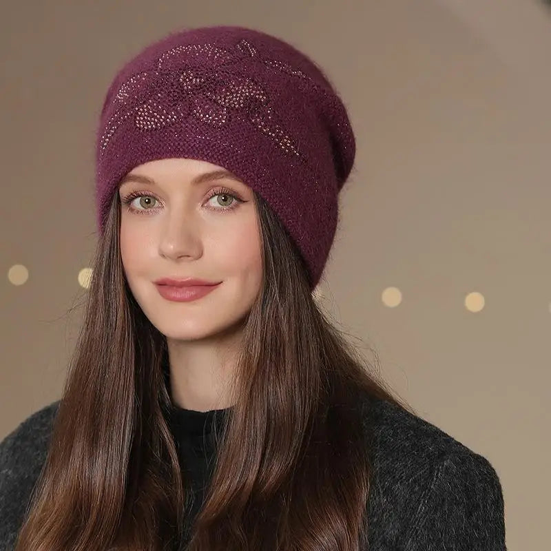 New Women Winter Hat Fashion Decorate Beanie Hat Rabbit Fur Blend Warm Winter Cap For Female Casual Streetwear Knitted Hat