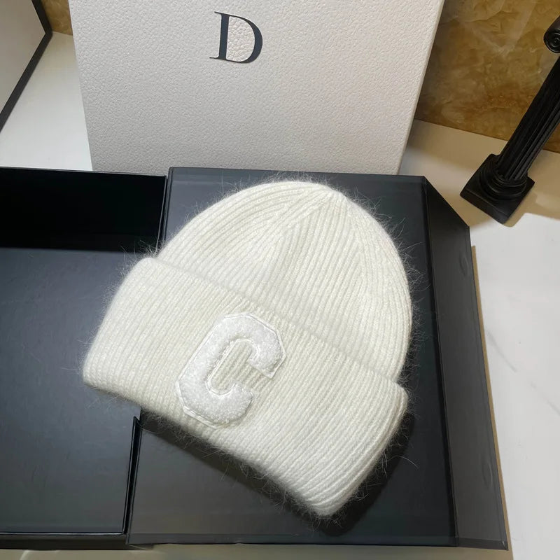 Unisex Fashion C Letter Desig Knitted Hat Winter Autumn Rabbit Fur Beanie Cap Brand Female Thicken Warm Skullies Caps bicycle