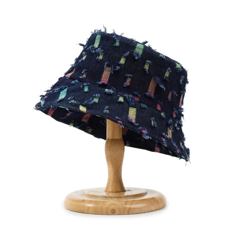 Fashion Women Men Washed Denim Ripped Bucket Hats Cool Lady Male Outdoor Panama Fisherman Cap Sun Hat For Women Men