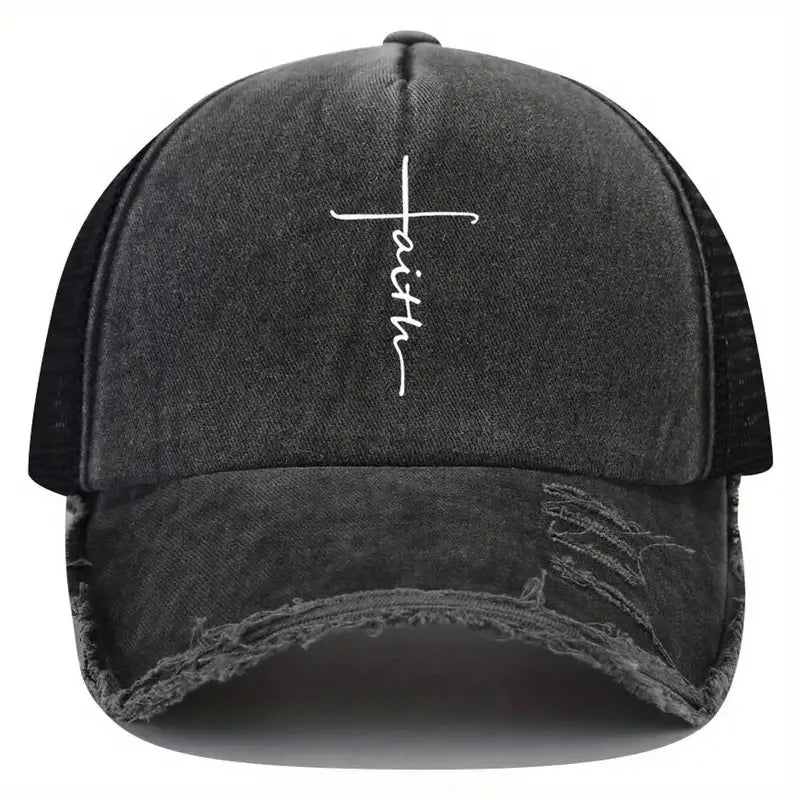 Sponge Washed Cotton Faith Print Baseball Cap Women Men Summer Mesh Breathable Trucker Duckbill Hat For Outdoor Tourism Leisur