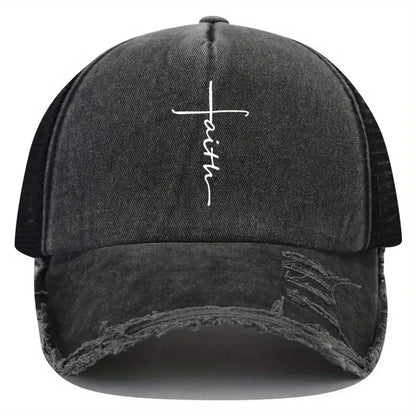 Sponge Washed Cotton Faith Print Baseball Cap Women Men Summer Mesh Breathable Trucker Duckbill Hat For Outdoor Tourism Leisur