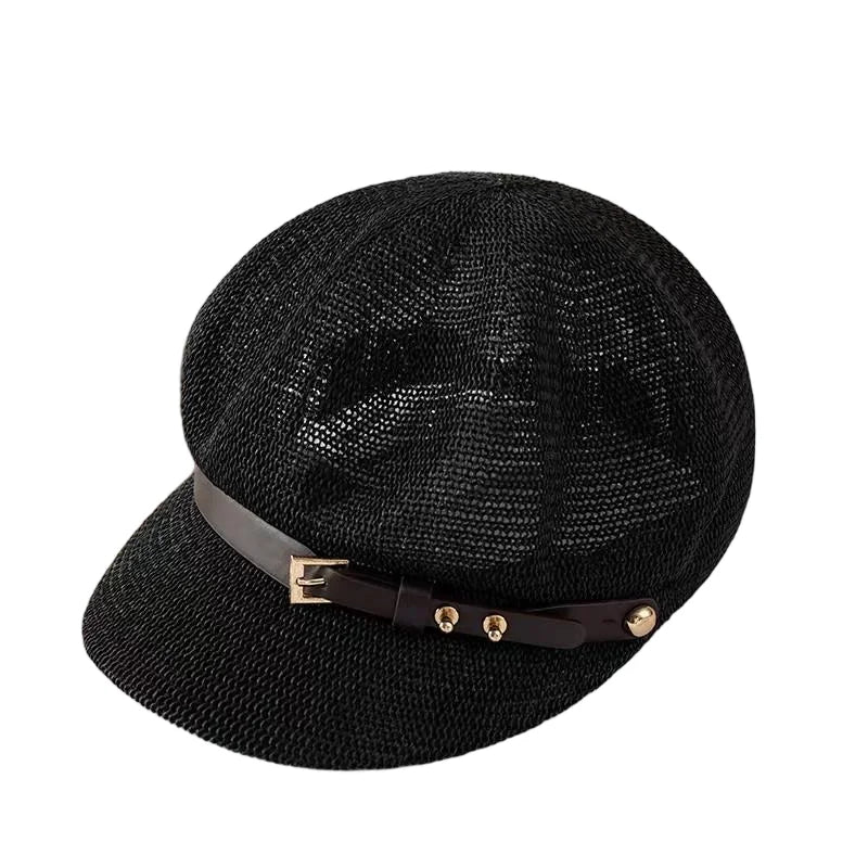 Hollow Breathable Leather Buckle Octagonal Hat  Classic Woven Straw Hat Casual Versatile Literary Sunshade Painter Hat