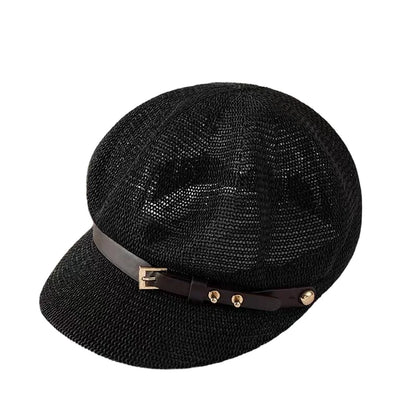 Hollow Breathable Leather Buckle Octagonal Hat  Classic Woven Straw Hat Casual Versatile Literary Sunshade Painter Hat