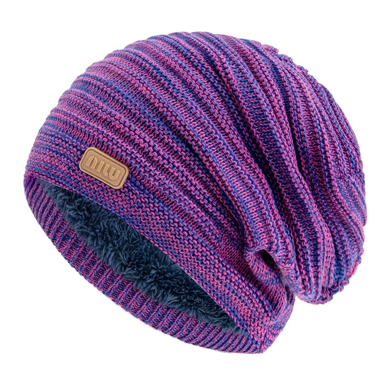 New Style Unisex Slouchy Winter Hats Men Women Striped Mix Warm Beanie Cap NIU Label Decor Plush Fur Lined Winter Knitted Hat