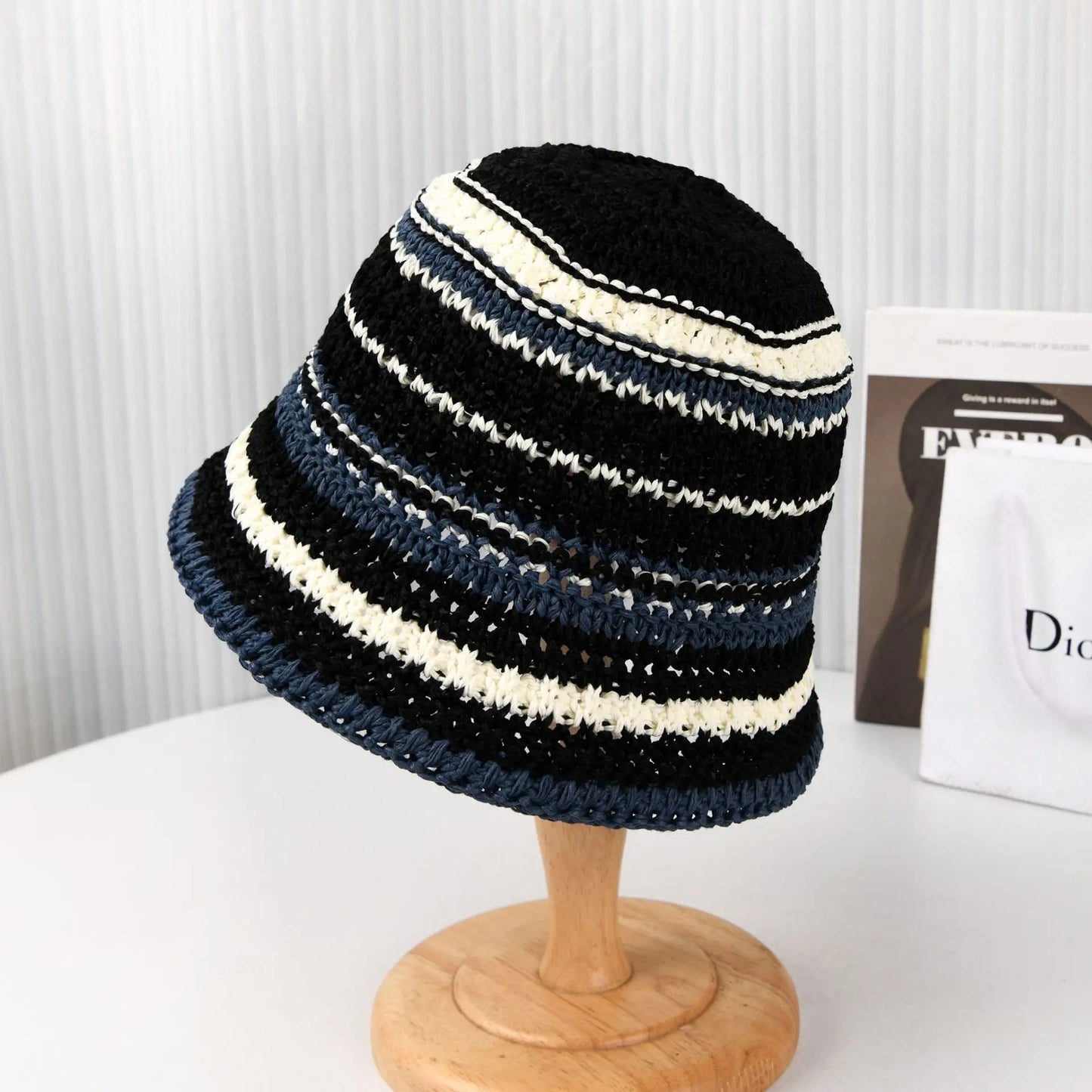 Korean New Striped Beach Vacation Fisherman Hat Gradient Versatile Round Top Beach Sun Protection and Sunshade Hat