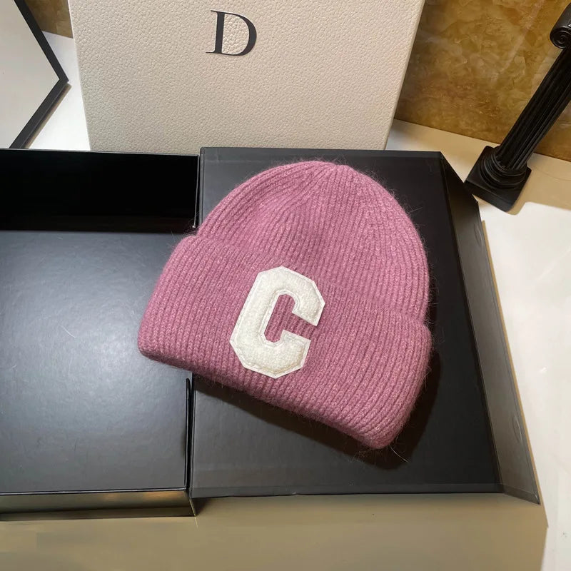 Unisex Fashion C Letter Desig Knitted Hat Winter Autumn Rabbit Fur Beanie Cap Brand Female Thicken Warm Skullies Caps bicycle