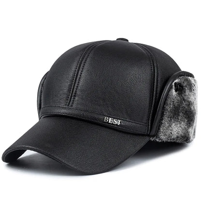 Men’s Faux Leather Baseball Cap with Ear Flaps Winter Warm Outdoor Hat