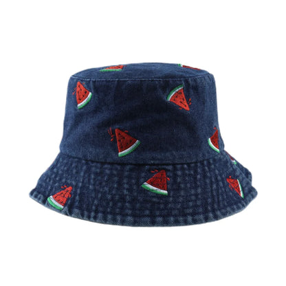 Spring Summer Strawberry Embroidery Denim  Bucket Hat Legent Fisherman Hats for Women Foldable Sport Sun Beach  Caps