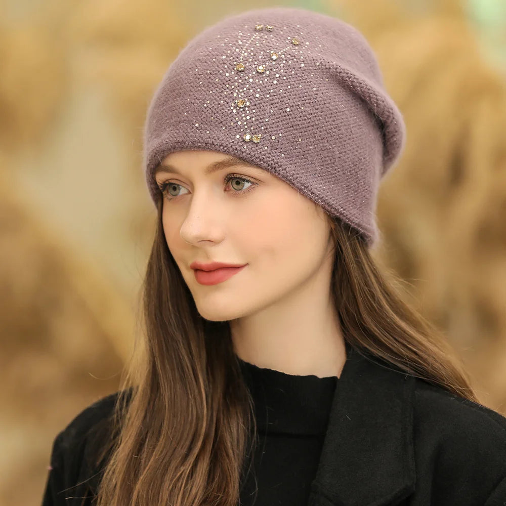 New Women Winter Hat Fashion Decorate Beanie Hat Rabbit Fur Blend Warm Winter Cap For Female Casual Streetwear Knitted Hat