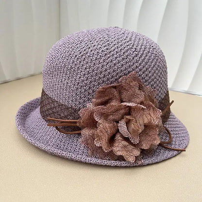 Hat for Women's New Summer Round Top Curled Edge Top Hat Sun Protection BreathabeMiddle-aged and Elderly Mothers Sun Hat Party