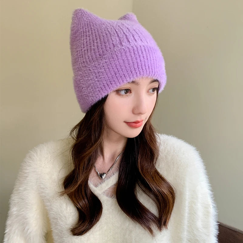 New Women Cute Cat Ear Earflap Winter Hat Fashion Faux Fur Knitted Hat Kpop Style Soft Beanie Hats Candy Female Streetwear Cap
