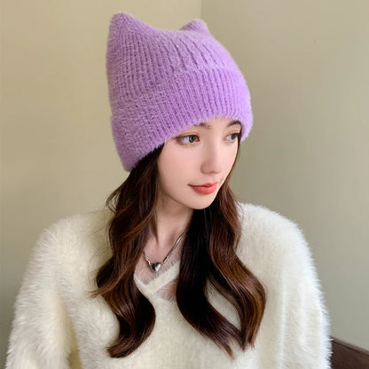 New Women Cute Cat Ear Earflap Winter Hat Fashion Faux Fur Knitted Hat Kpop Style Soft Beanie Hats Candy Female Streetwear Cap
